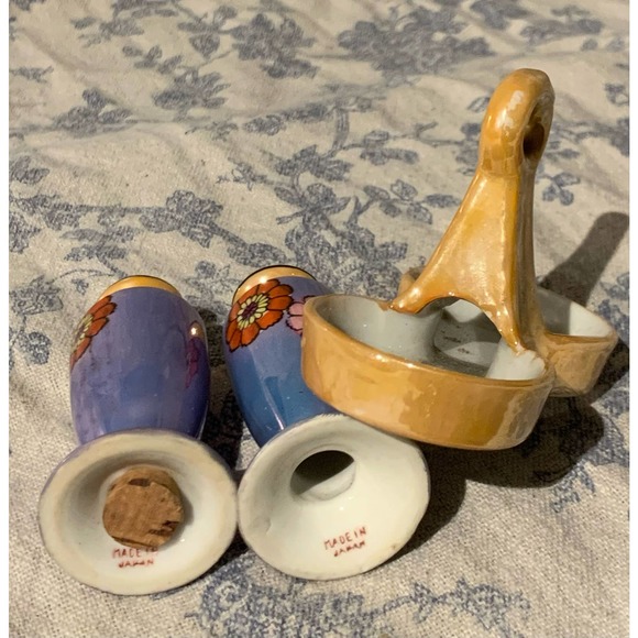 Japanese Porcelain Lusterware Salt and Pepper Shakers with Holder Carrier S&P - Picture 5 of 6